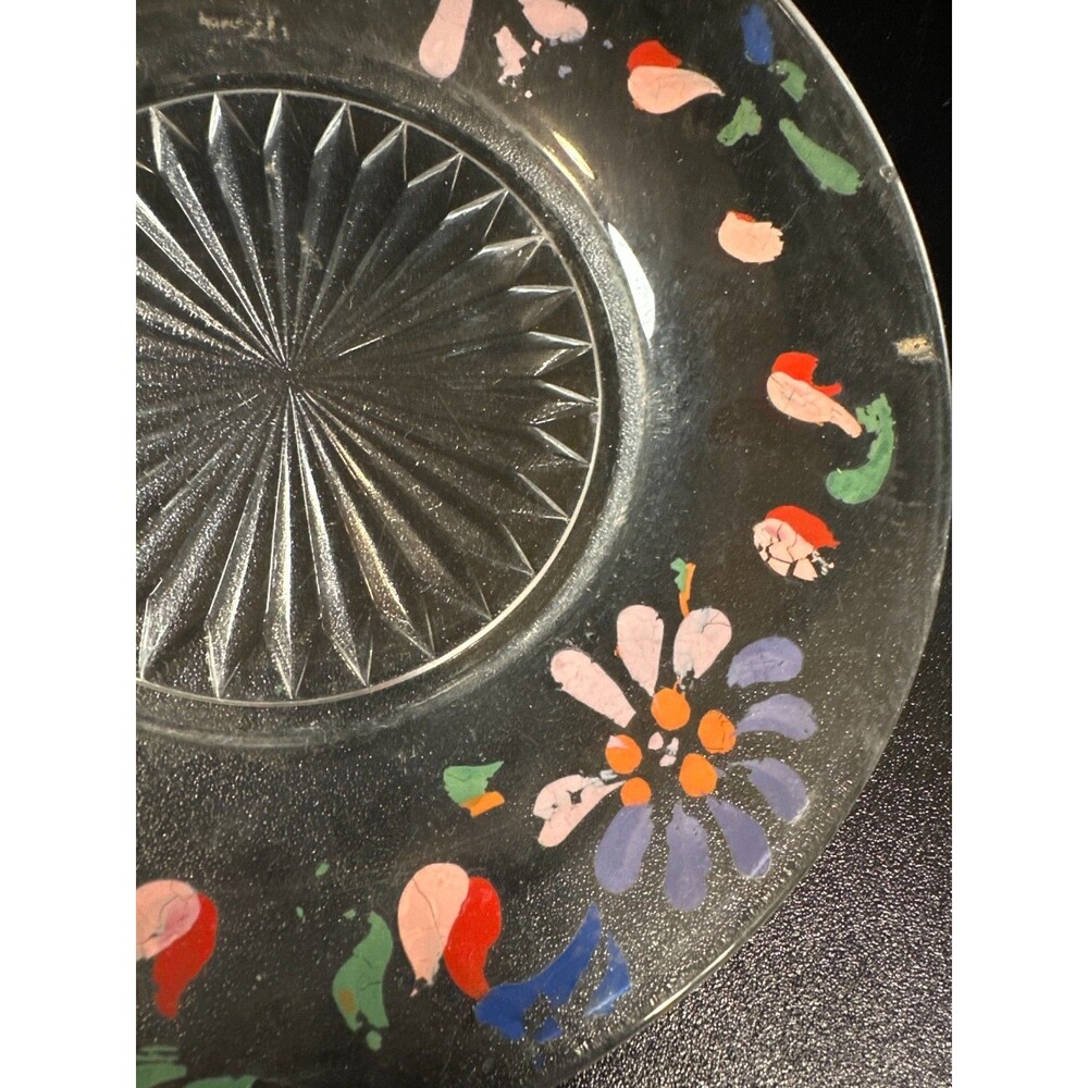 Vintage Clear Glass Plate Hand Painted Floral Enamel 7.25" Starburst Center - Picture 5 of 8